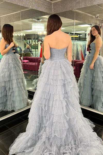 Polka Dot Strapless Ruffle Tiered Tulle Prom Dress with Slit MD4050801