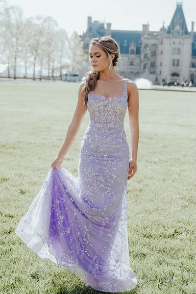 Cute Mermaid Square Neck Lavender Lace Prom Dresses with Appliques DM25052704