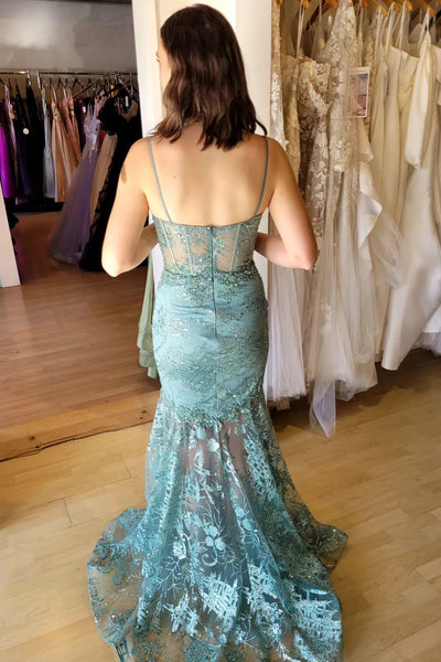 Aqua Spaghetti Straps Sequined Mermaid Long Prom Dress with Slit MD121302