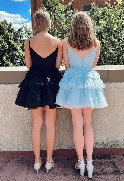 Blue V-Neck Multilayer Tulle Pleated A Line Short Homecoming Dress MD091106