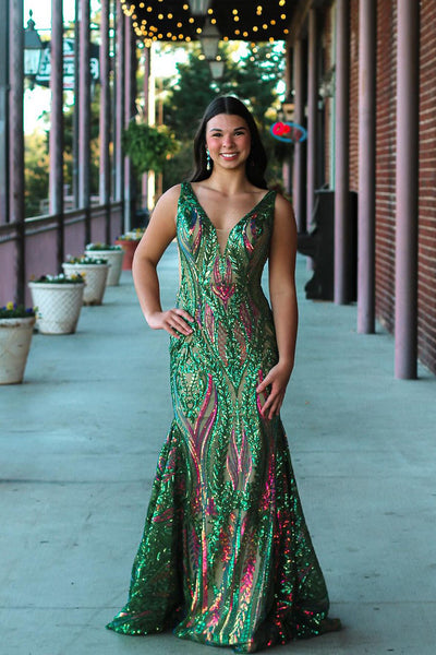 Sparkly Mermaid V Neck Green Sequins Lace Prom Dresses DM24102102