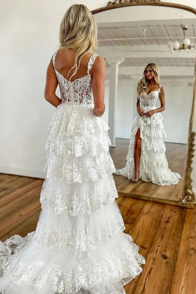 White Sequin Lace Sweetheart A-Line Long Prom Dresses MD112108