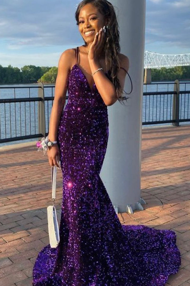 Purple Sequin V Neck Mermaid Long Prom Dresses MD112109 Dressmeet