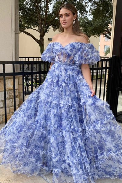 Navy Blue Print Puff Sleeve Ruffle A-Line Long Prom Dress MD122309