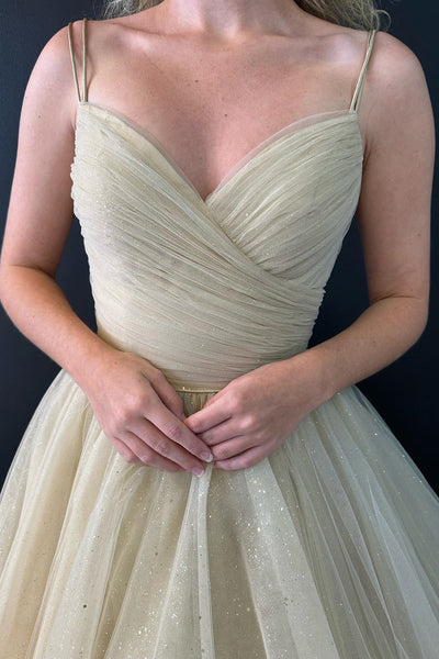 Champagne V Neck Sparkly Tulle Lace-Up Long Prom Gown MD102902