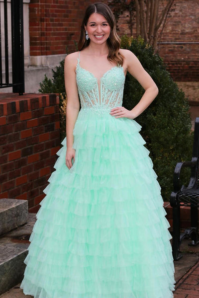 Mint Spaghetti Straps Tiered Tulle Long Prom Dress with Appliques MD120506