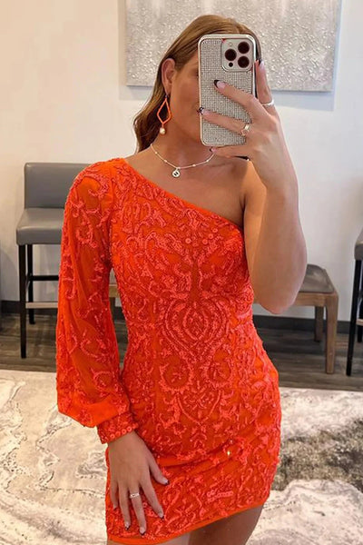Orange Sequins Appliques One Shoulder Tight Homecoming Dress LD3062109