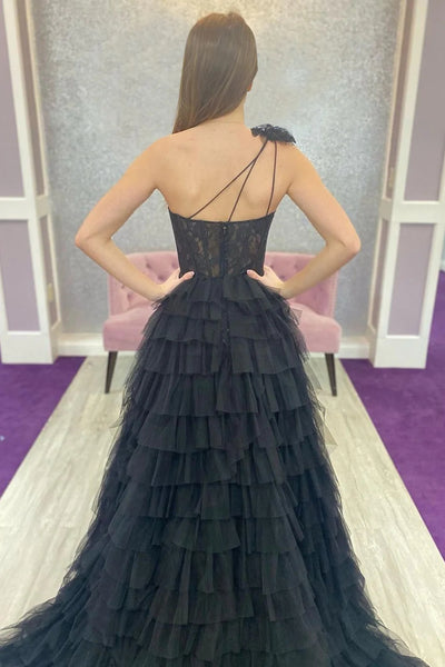 Black One Shoulder Corset Tiered Long Prom Dress with Ruffles MD092804