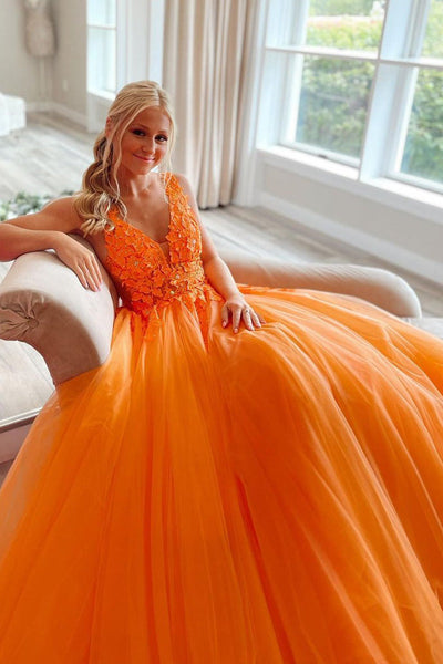 A-Line V Neck Pink Tulle Long Prom Dresses with Appliques MD103103
