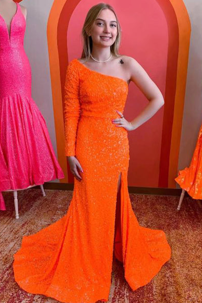 One Shouder Long Sleeves Sequins Mermaid Prom Dress with Slit MD092907