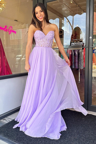 Lilac Chiffon Applique Sweetheart A-Line Prom Dress with Puff Sleeves MD092409