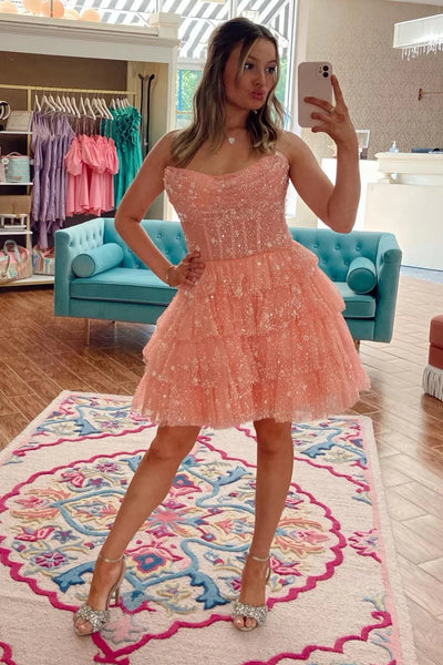 Light Blue Corset Strapless A-Line Tiered Short Homecoming Dress with Beaded MD0903020