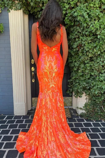 Sparkly Orange Sequin V-Neck Mermaid Long Prom Dress MD092806