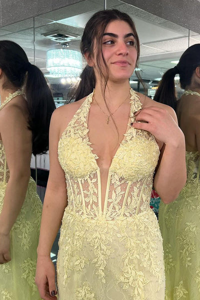 Yellow Halter Tulle Appliques Mermaid Long Prom Dress MD121402