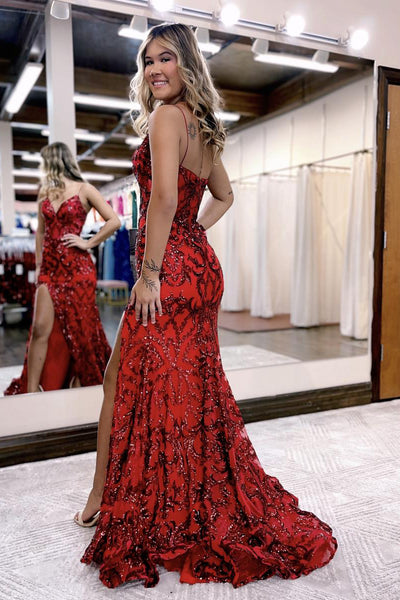 Red Sequins Lace V Neck Mermaid Long Prom Dresses with Slit MD100306