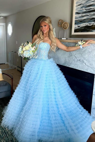 Light Blue Strapless Ruffle Tiered Tulle Prom Dress with Appliques MD4051001