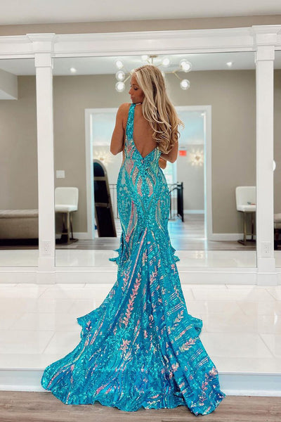 Unique Sparkly Mermaid V Neck Sequins Long Prom Dress MD101706