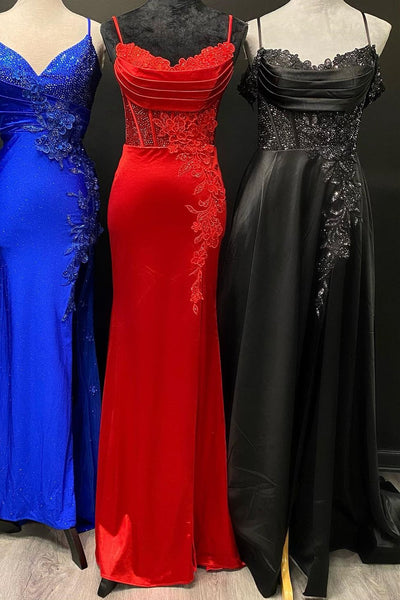 Red Spaghetti Strap Appliques Mermaid Long Dress with Slit MD103010