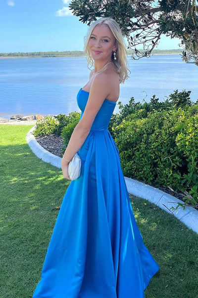 Blue Strapless Satin Long Prom Dress MD4041502