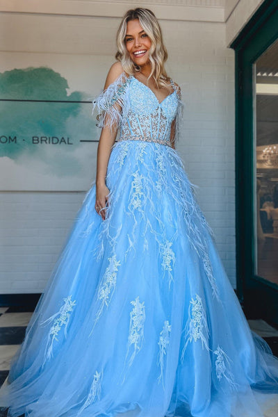 Light Blue Feathers Cold-Shoulder Long Formal Dress MD103009