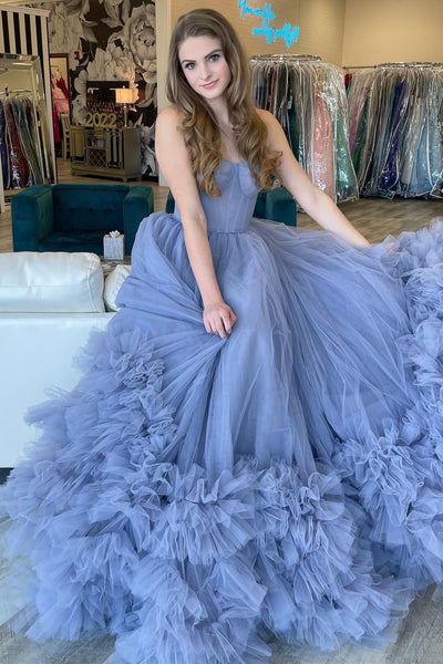 Periwinkle Tulle Strapless Tiered Ball Gown with Ruffles MD092703