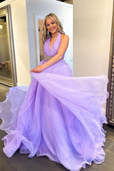 A-Line Halter Lilac Organza Long Prom Dresses with Beadings MD4013005
