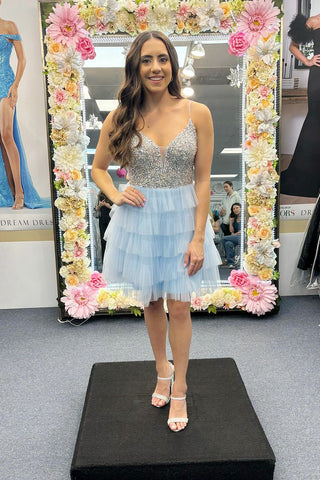 Cute A-Line Spaghetti Straps Blue Tiered Tulle Short Homecoming Dress MD4050401