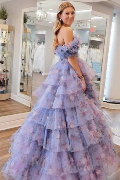 Periwinkle Print Flutter Sleeve Ruffle Tiered Long Prom Dress MD122905