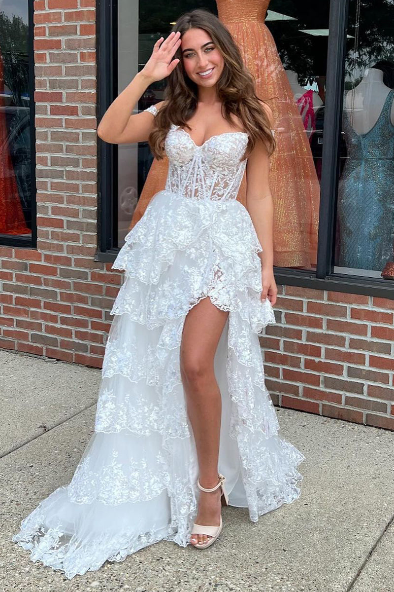 ruffle tiered maxi dress off shoulder White Off the Shoulder Sequins Lace Ruffle Tiered Long Prom Dress with Slit  MD4032505 – Dressmeet