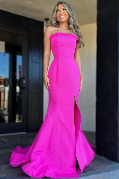 Strapless Maganta Ruffle Mermaid Slit Long Prom Dress MD113003