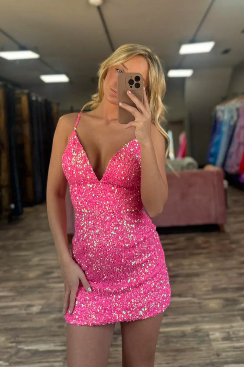 Bodycon V Neck Pink Sequins Short Homecoming Dresses DM24071805  Dressmeet