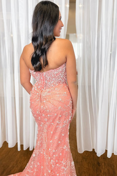 Mermaid Strapless Pink Pearls Long Prom Dresses with Slit DM25032404