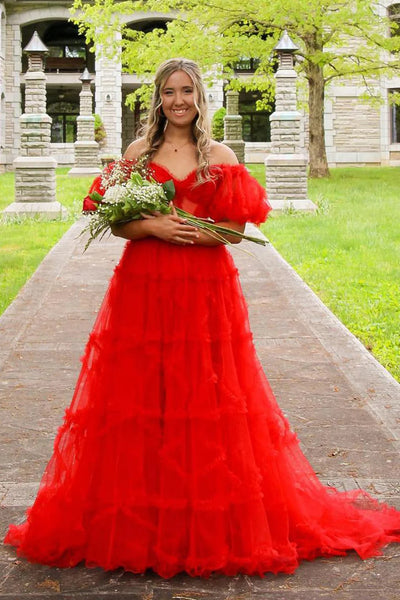 A Line Off the Shoulder Fuchsia Tulle Corset Prom Dress with Bowknot DM3082802