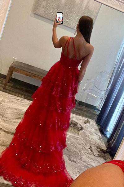 Red One Shoulder Lace Appliques A-line Long Prom Dress MD121403