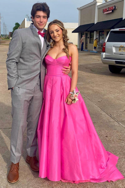 Fuchsia Strapless Satin Sweeping Long Prom Dress MD103006