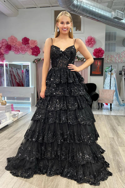 Sparkly Light Blue Spaghetti Straps Tiered Lace Long Corset Prom Dress DM3082805