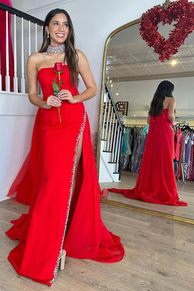 Mermaid Strapless Red Long Prom Dress with Slit DM3082823