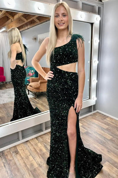 Sequin Feather One-Shoulder Mermaid Long Dress with Slit MD111203