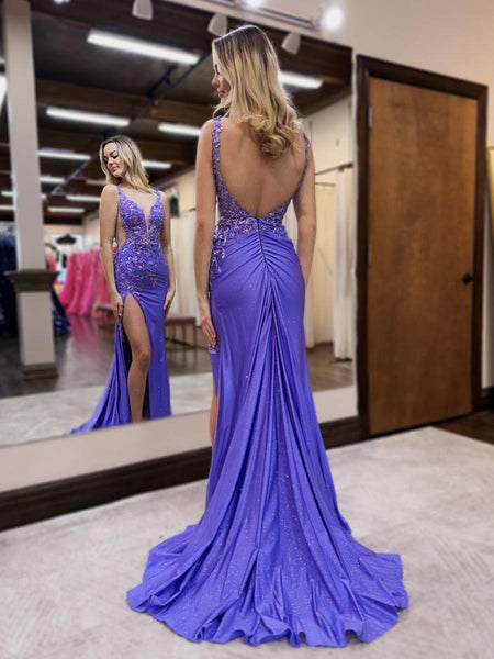Mermaid V Neck Purple Long Prom Dresses with Beading DM102107