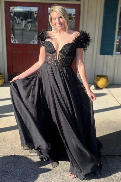 Black Applique Feather Off-the-Shoulder A-Line Long Prom Dress MD092404