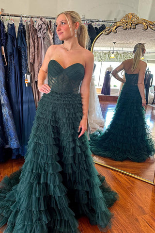 Dark Green Strapless Ruffle Tiered Tulle Prom Dress MD4051002