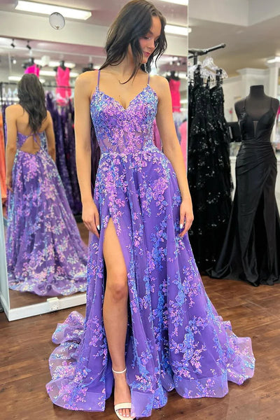 Purple V Neck Sequins Lace Long Prom Dresses with Slit MD4020203