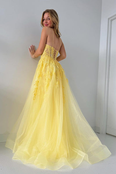 Yellow Spaghetti Straps Tulle Long Prom Dresses with Appliques MD4011601