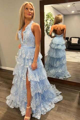 A-Line Halter Light Blue Tiered Tulle Long Prom Dresses with Appliques MD120803