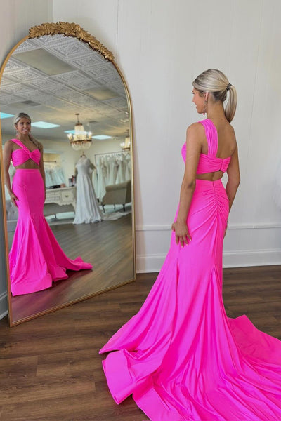 Fuchsia One Shoulder Two Piece Long Prom Dress MD4030603