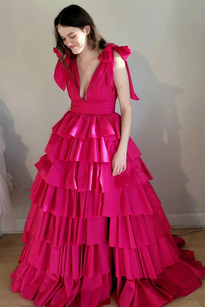 Fuchsia Deep V Neck Tiered Satin Long Prom Dresses MD121101