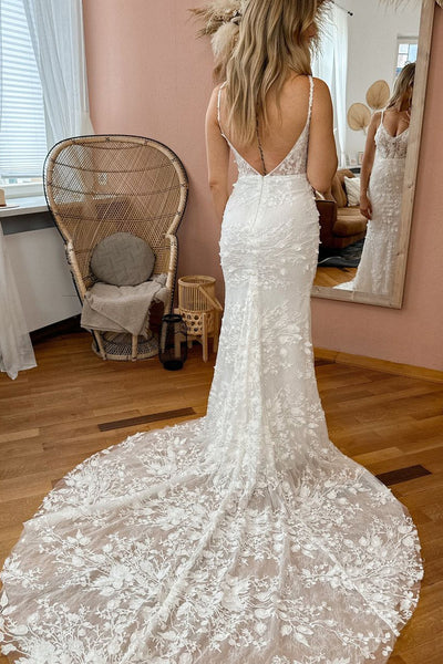 Modest Mermaid V Neck Lace Appliques Wedding Dresses DM24070701