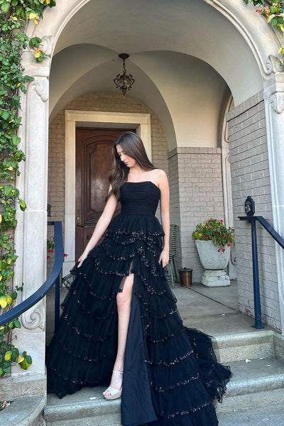 Black Strapless Tiered Tulle Long Prom Dresses MD4010605