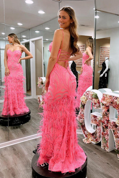 Pink Sweetheart Sequins Lace Long Prom Dresses with Feather MD4020204