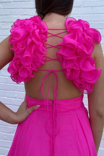Trendy A Line V Neck Fuchsia Long Prom Dress with 3D Flowers MD121701